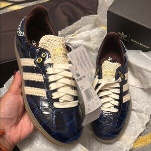 Wales Bonner x Adidas Navy Croc-Embossed Leather Sneakers with Cream Stripes